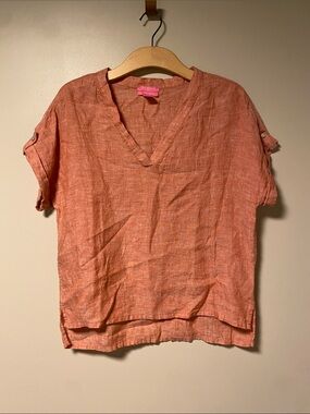 Isaac Mizrahi Coral V-Neck Linen-Blend Short Sleeve Top